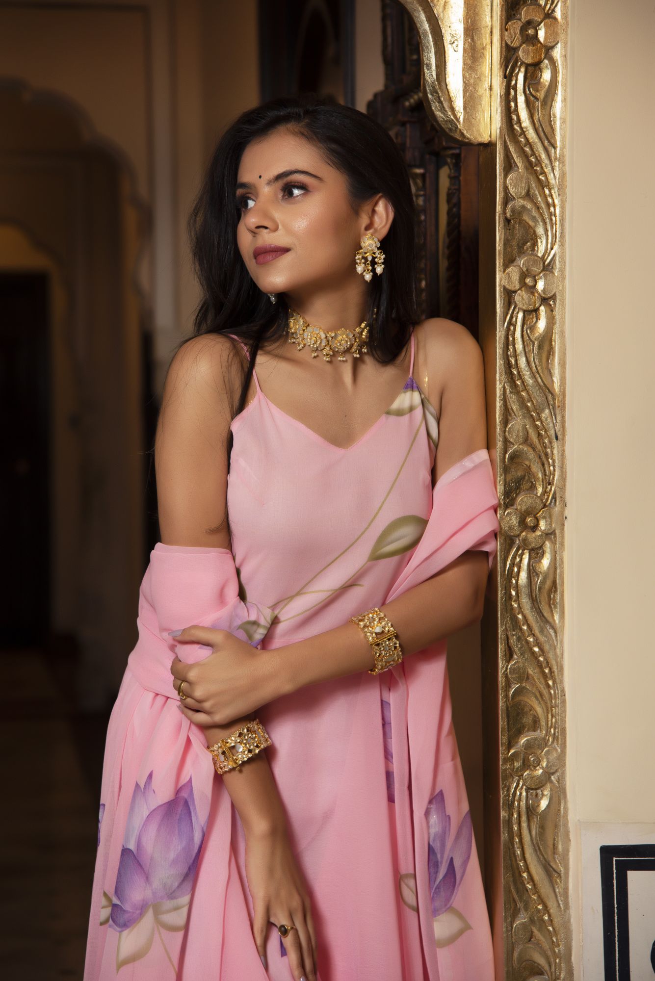 Pink And Purple Floral Anarkali Suit Set