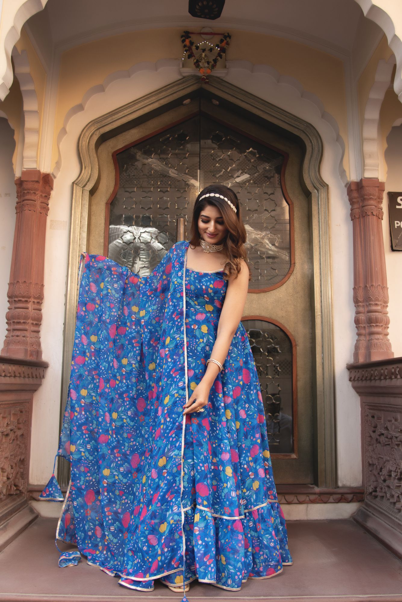 Butterfuy Blue Sleeveless Gotapatti Anarkali Ruffle Suit Set