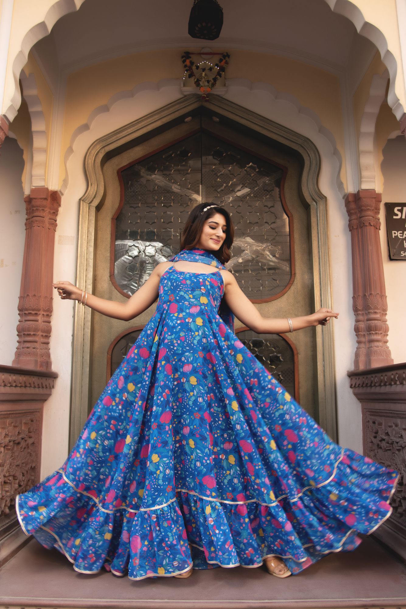 Butterfuy Blue Sleeveless Gotapatti Anarkali Ruffle Suit Set