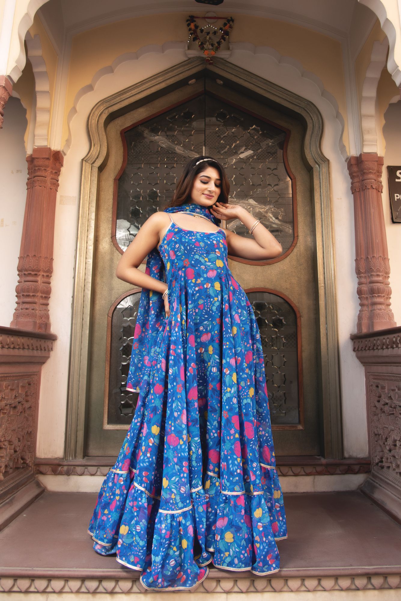 Butterfuy Blue Sleeveless Gotapatti Anarkali Ruffle Suit Set
