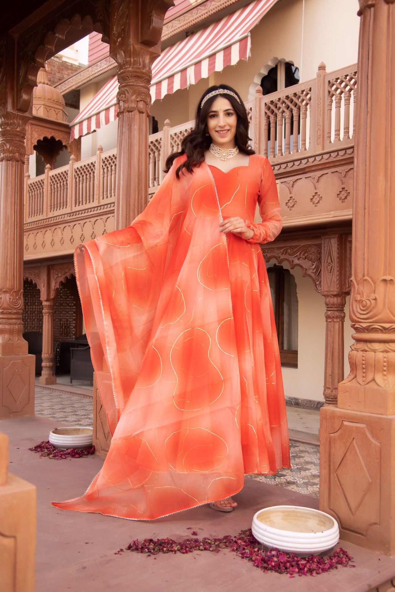 Splash Orange Organza Gotapatti Anarkali Suit Set