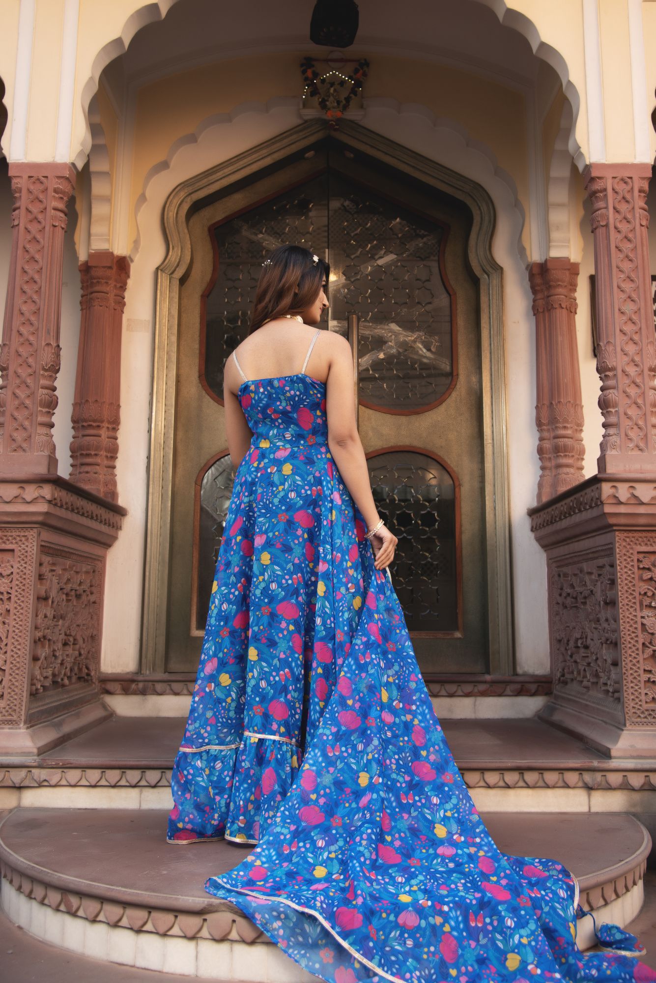 Butterfuy Blue Sleeveless Gotapatti Anarkali Ruffle Suit Set