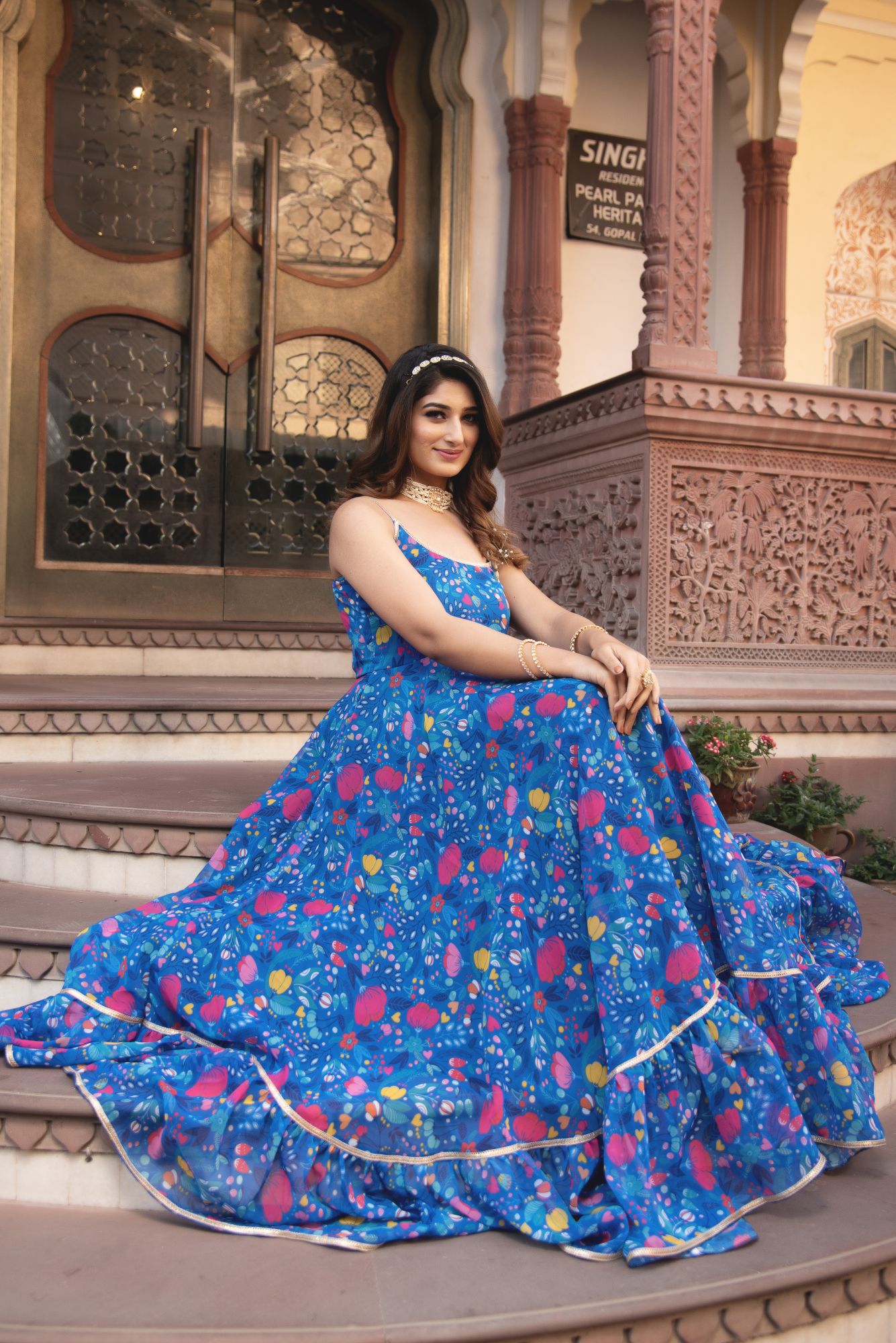 Butterfuy Blue Sleeveless Gotapatti Anarkali Ruffle Suit Set