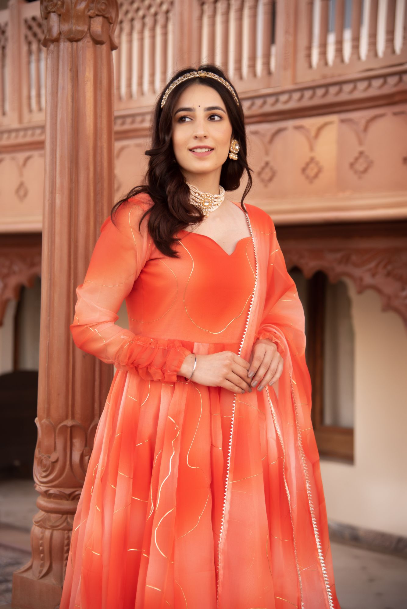 Splash Orange Organza Gotapatti Anarkali Suit Set