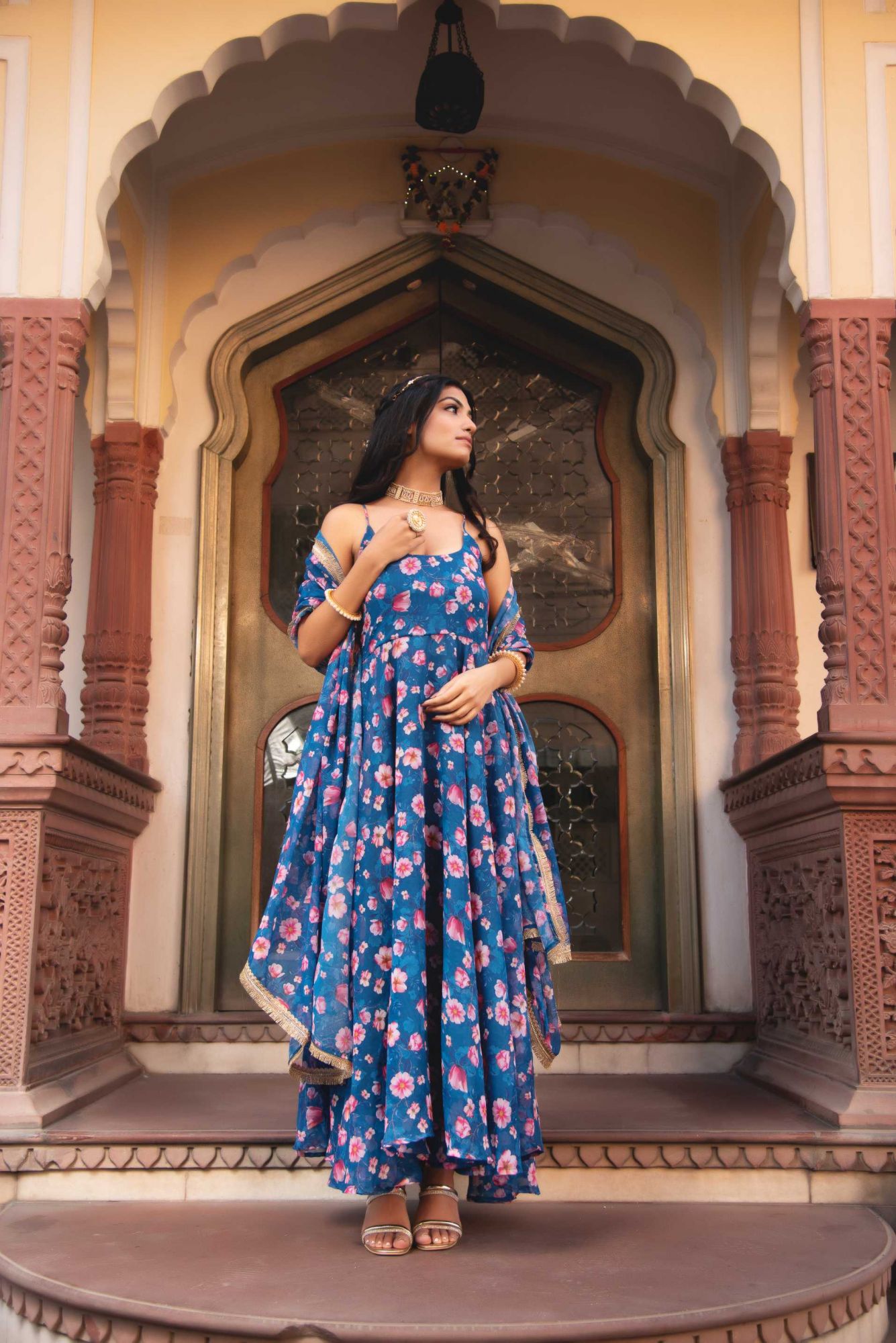 Periwinkle Blue Sleeveless Gotapatti Anarkali Suit Set