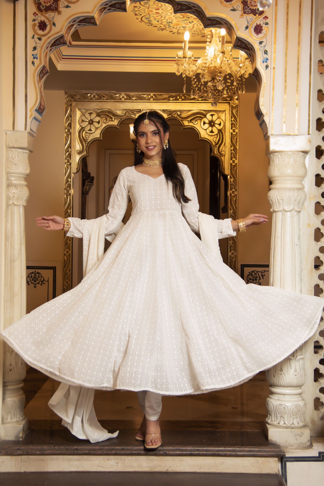 Swan White Chikankari Anarkali Suit Set