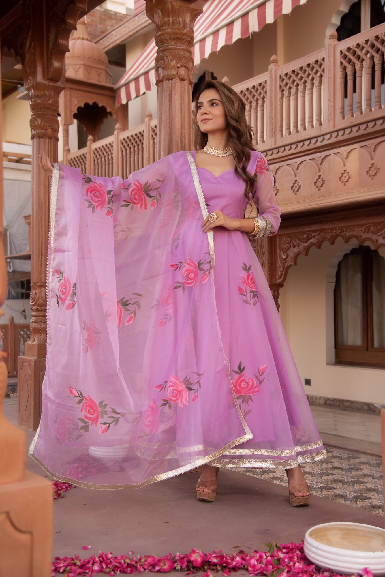 Lilac Handpainted Organza Gotapatti Anarkali Suit Set