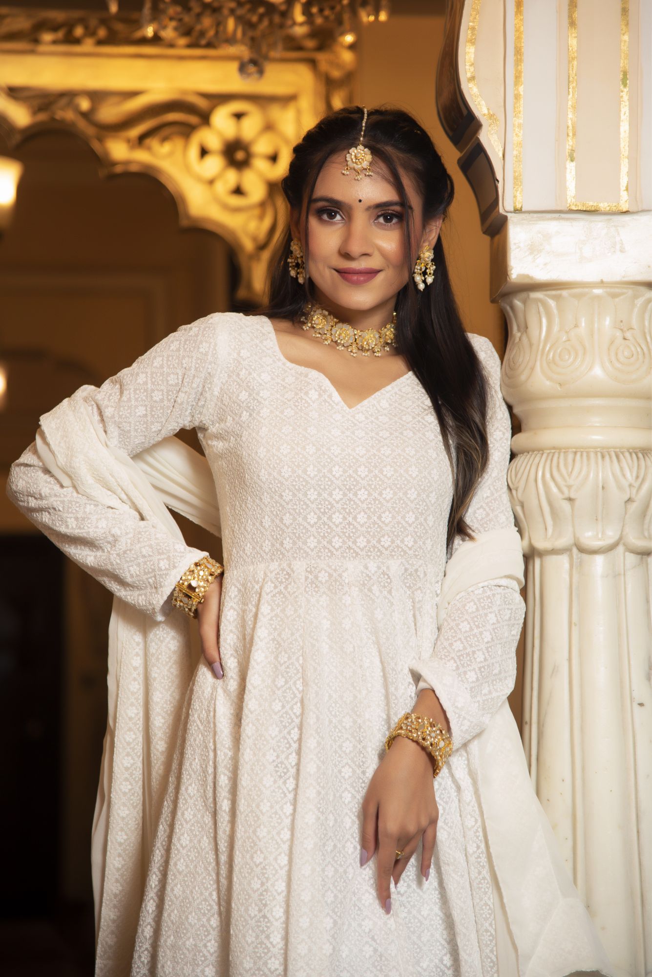 Swan White Chikankari Anarkali Suit Set