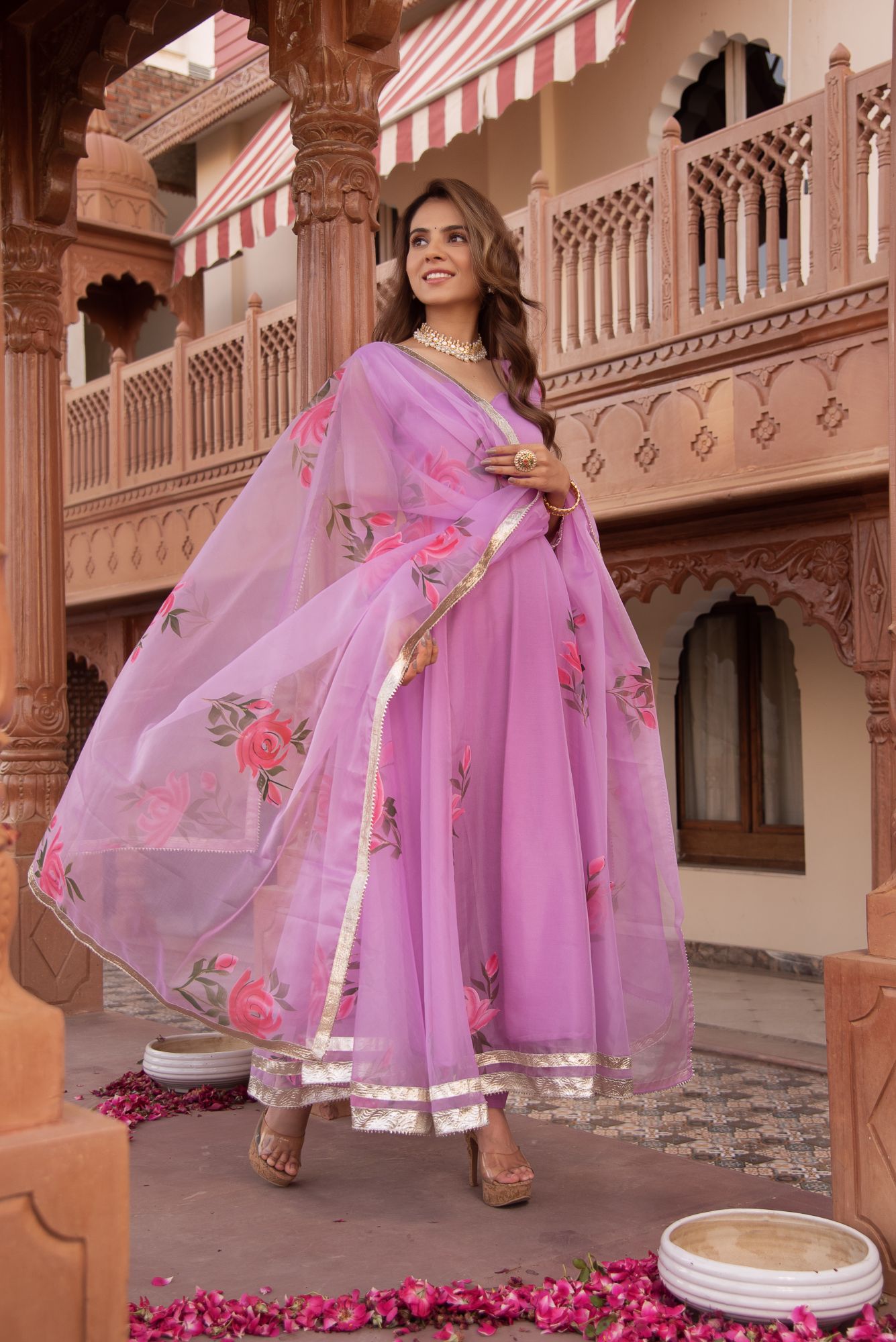 Lilac Handpainted Organza Gotapatti Anarkali Suit Set