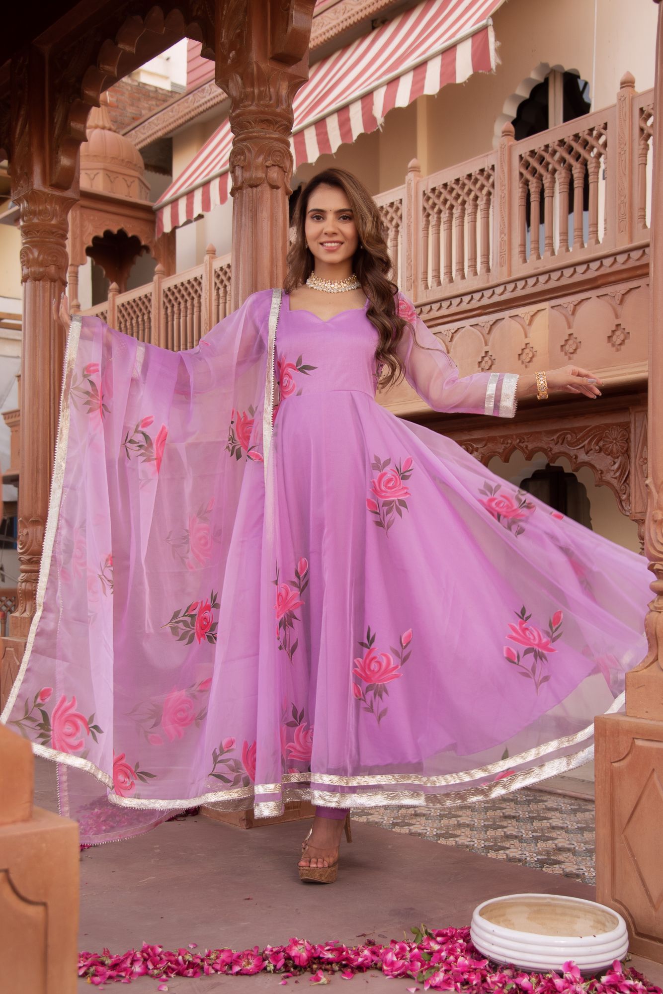 Lilac Handpainted Organza Gotapatti Anarkali Suit Set