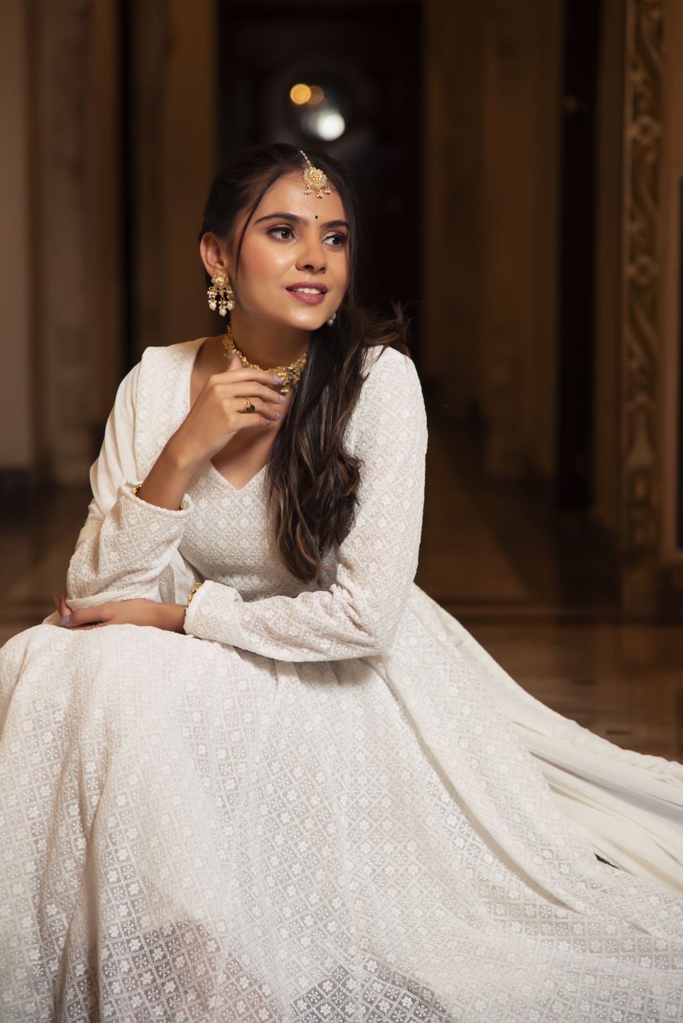 Swan White Chikankari Anarkali Suit Set