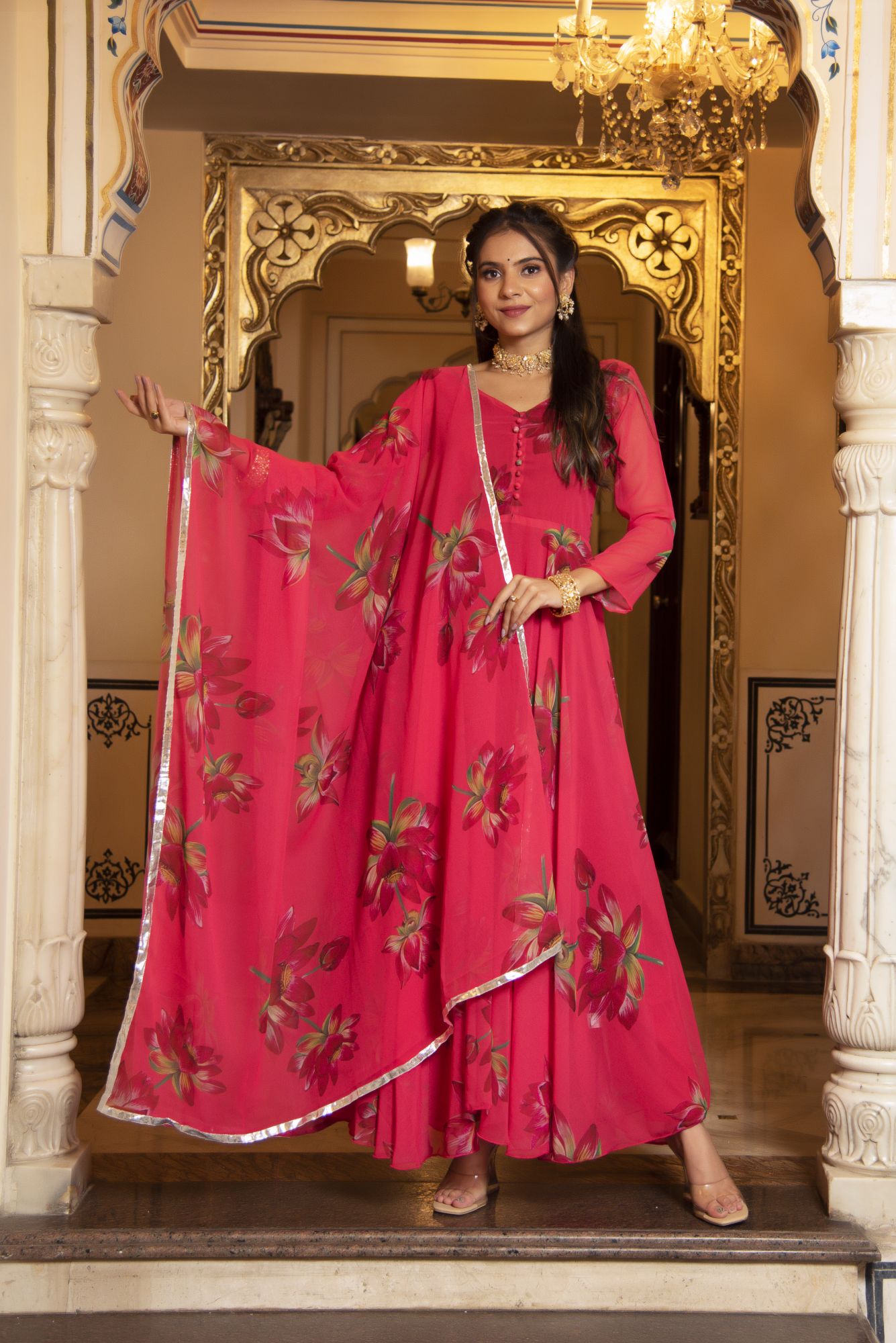 Cherry Pink Floral Anarkali Suit Set