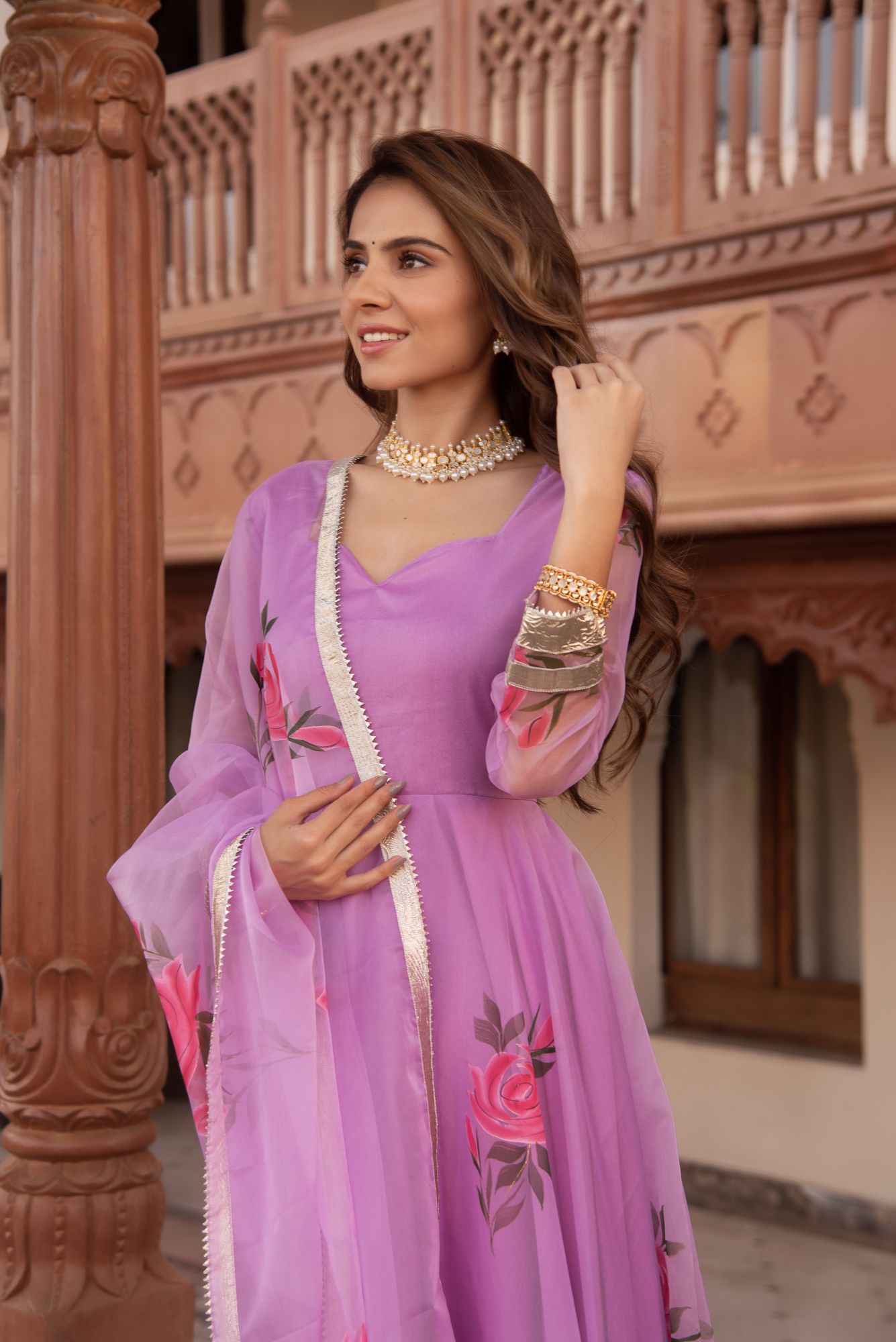 Lilac Handpainted Organza Gotapatti Anarkali Suit Set