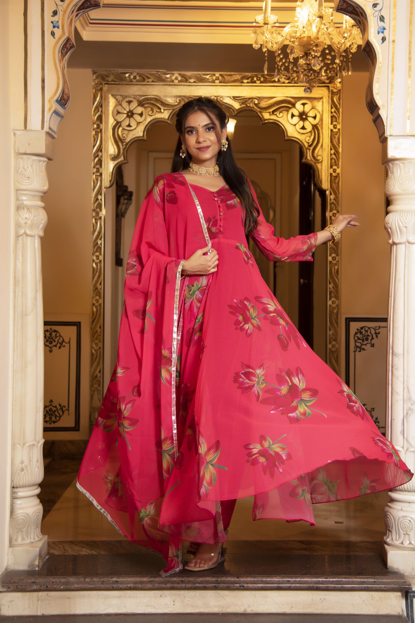 Cherry Pink Floral Anarkali Suit Set