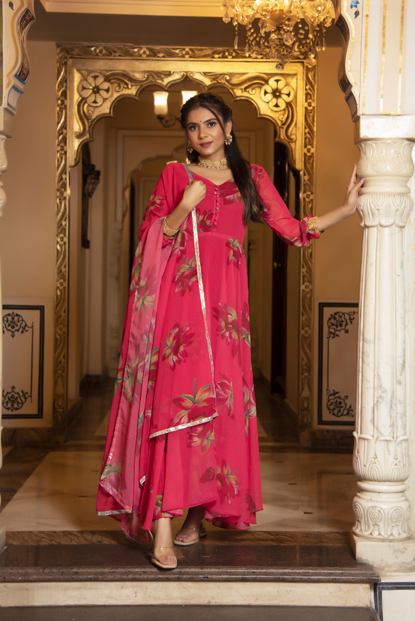Cherry Pink Floral Anarkali Suit Set