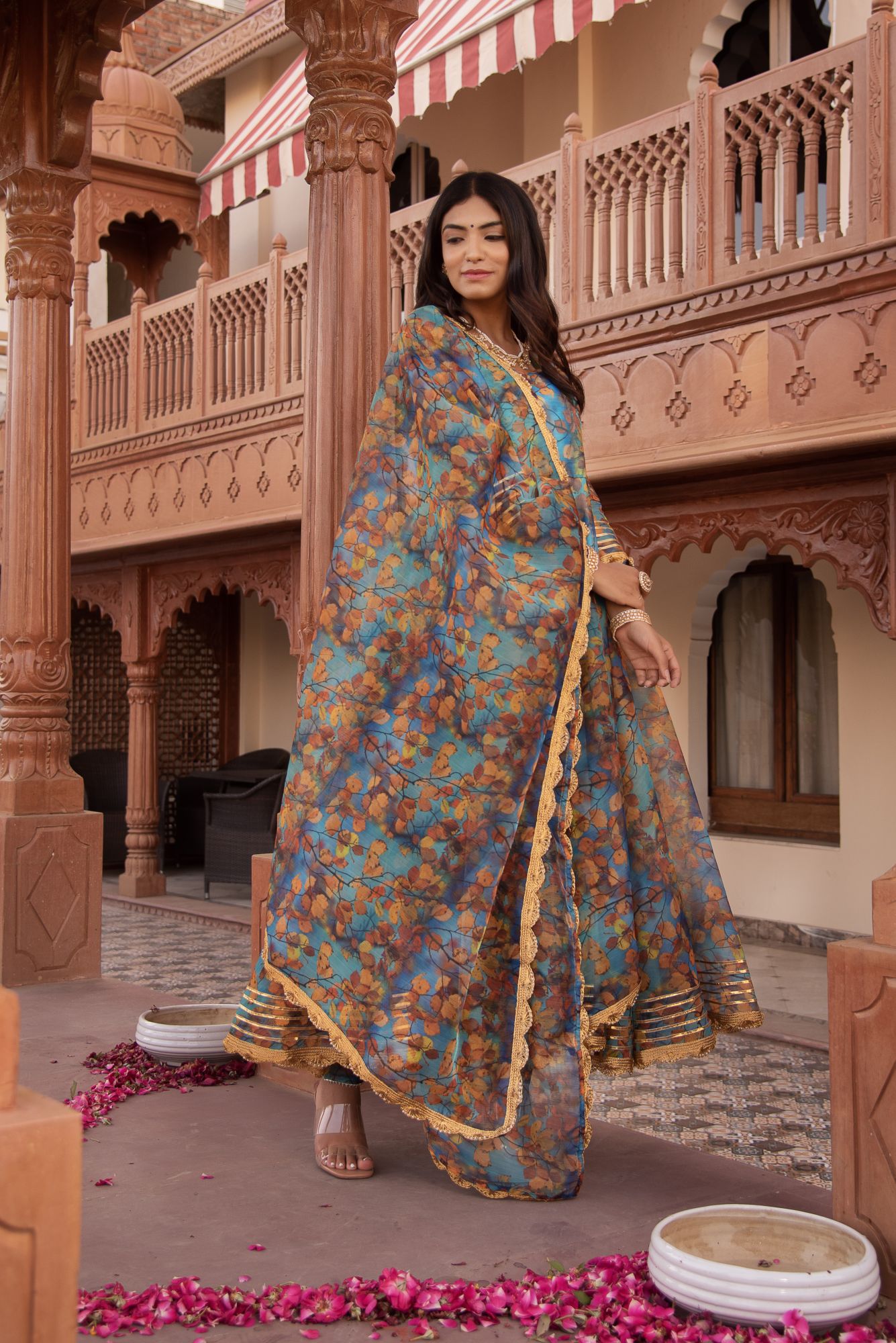 Fall Blue Organza Gotapatti Anarkali Suit Set