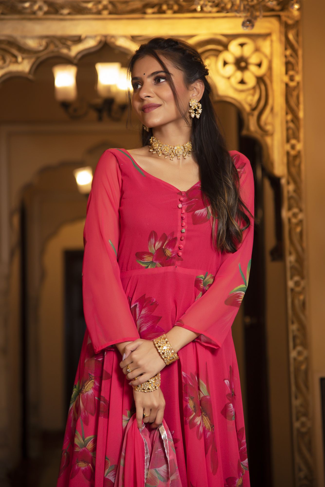 Cherry Pink Floral Anarkali Suit Set