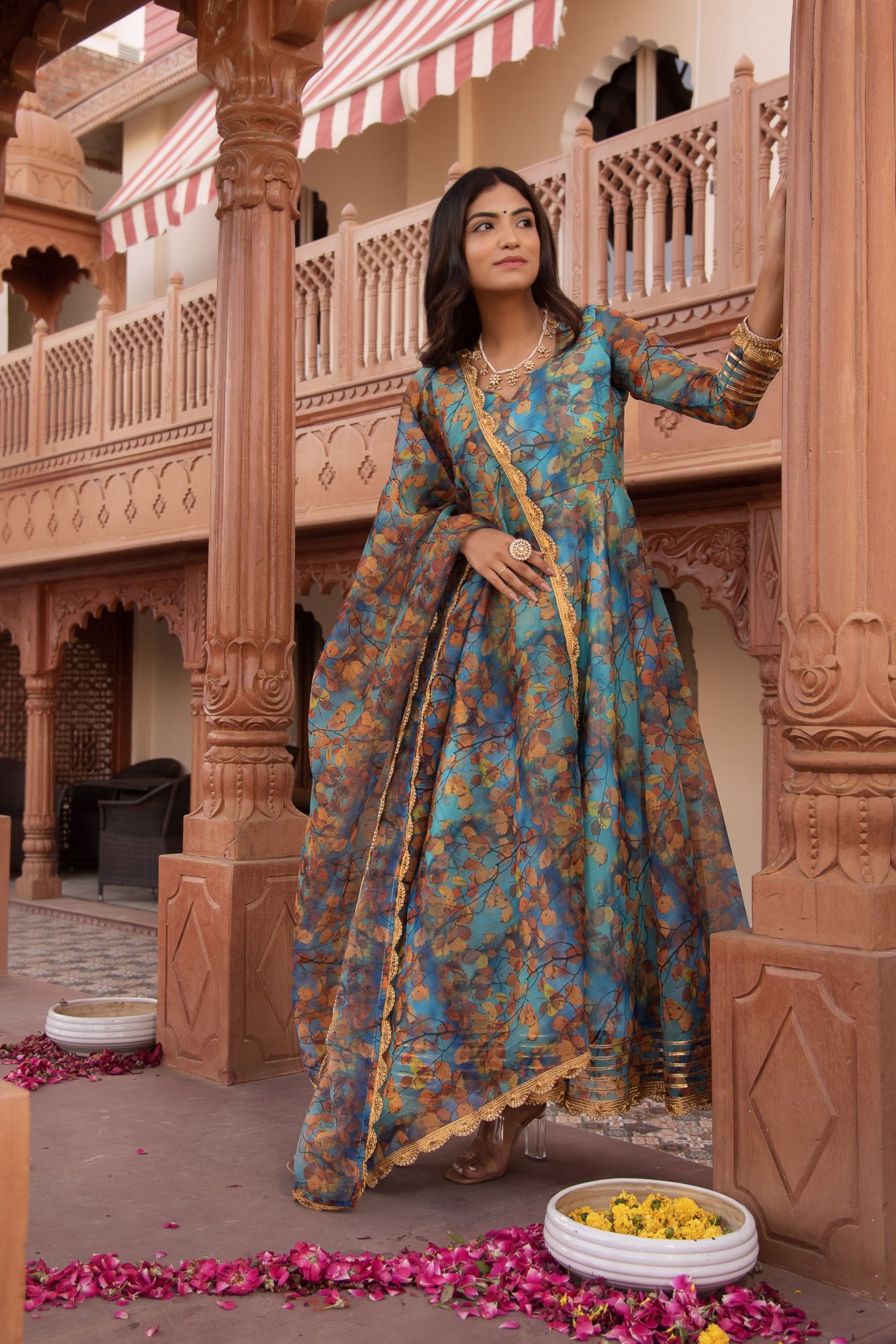 Fall Blue Organza Gotapatti Anarkali Suit Set