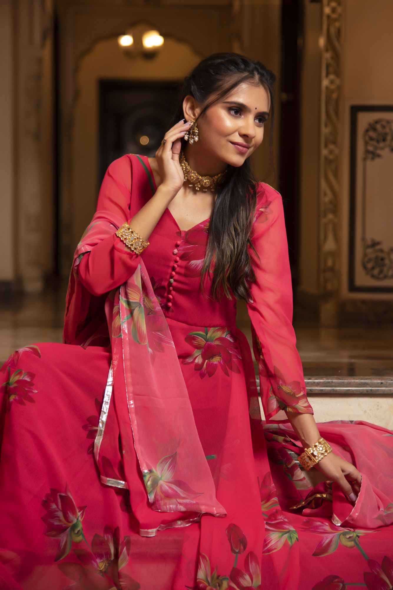 Cherry Pink Floral Anarkali Suit Set