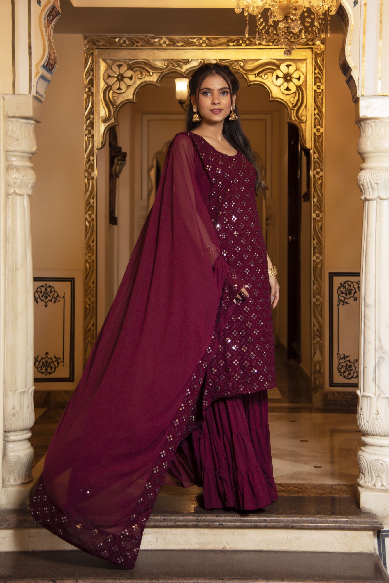 Wine Embroided Georgette Sharara Set