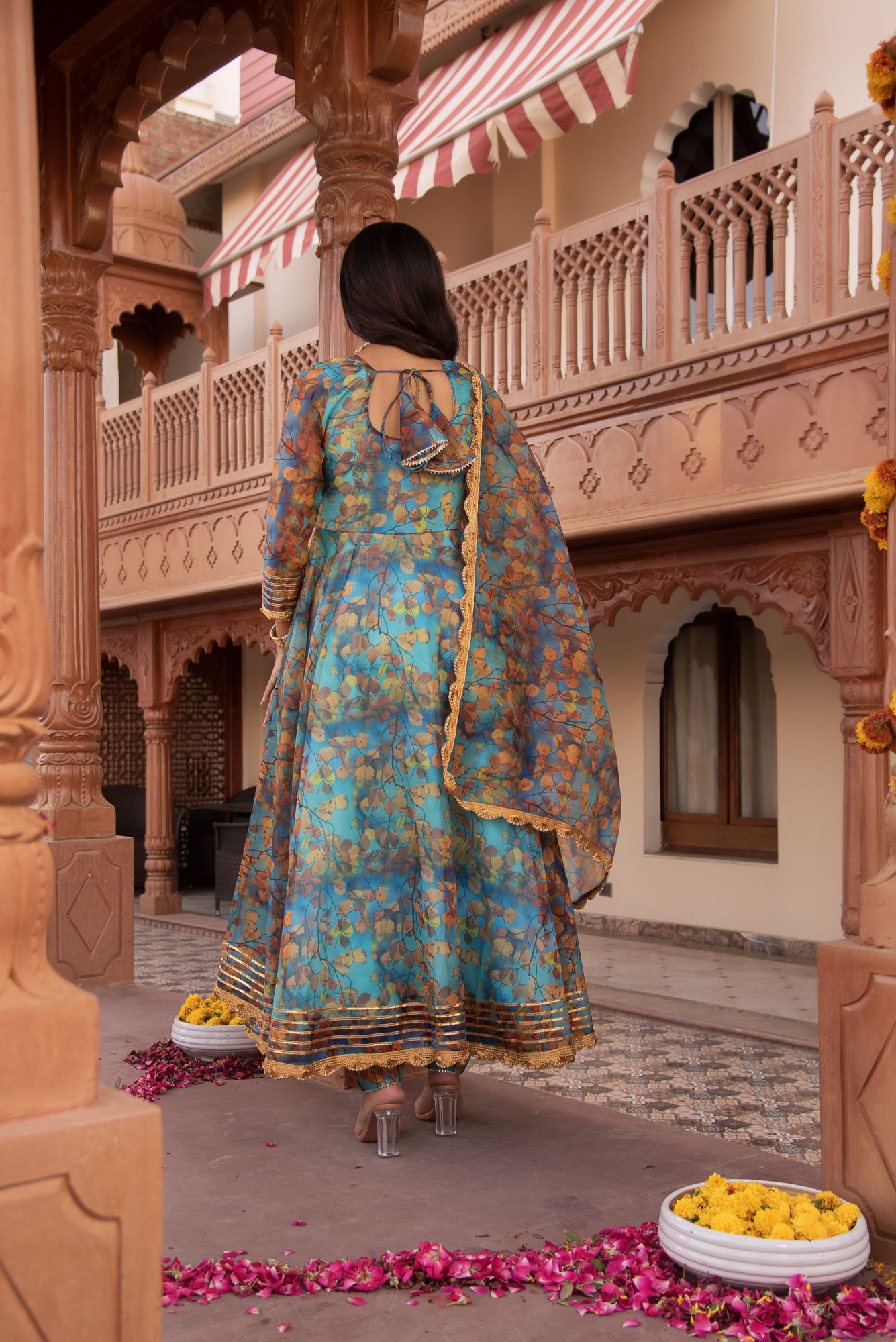 Fall Blue Organza Gotapatti Anarkali Suit Set