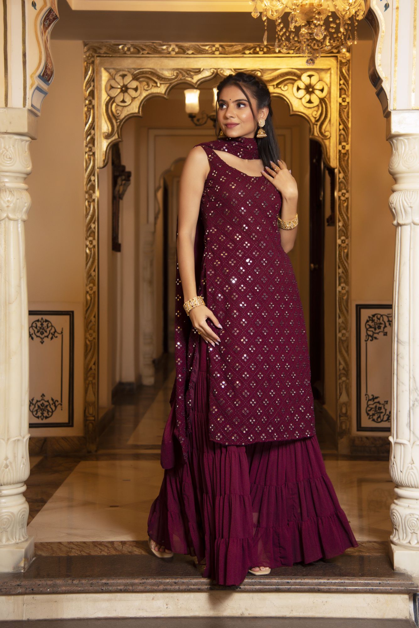 Wine Embroided Georgette Sharara Set