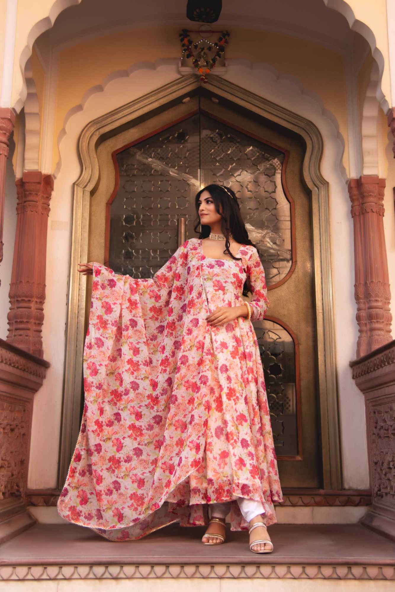 Summer White Printed Gotapatti Anarkali Suit Set