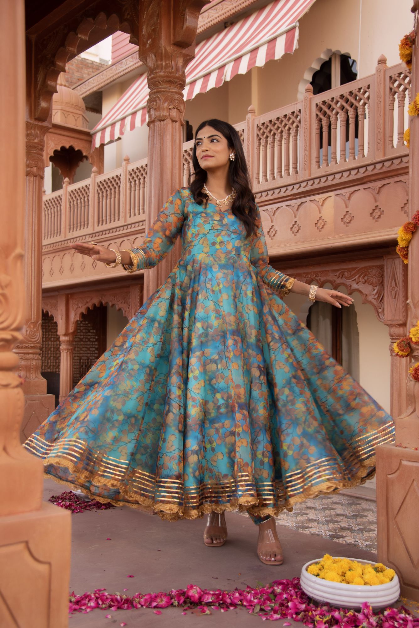 Fall Blue Organza Gotapatti Anarkali Suit Set