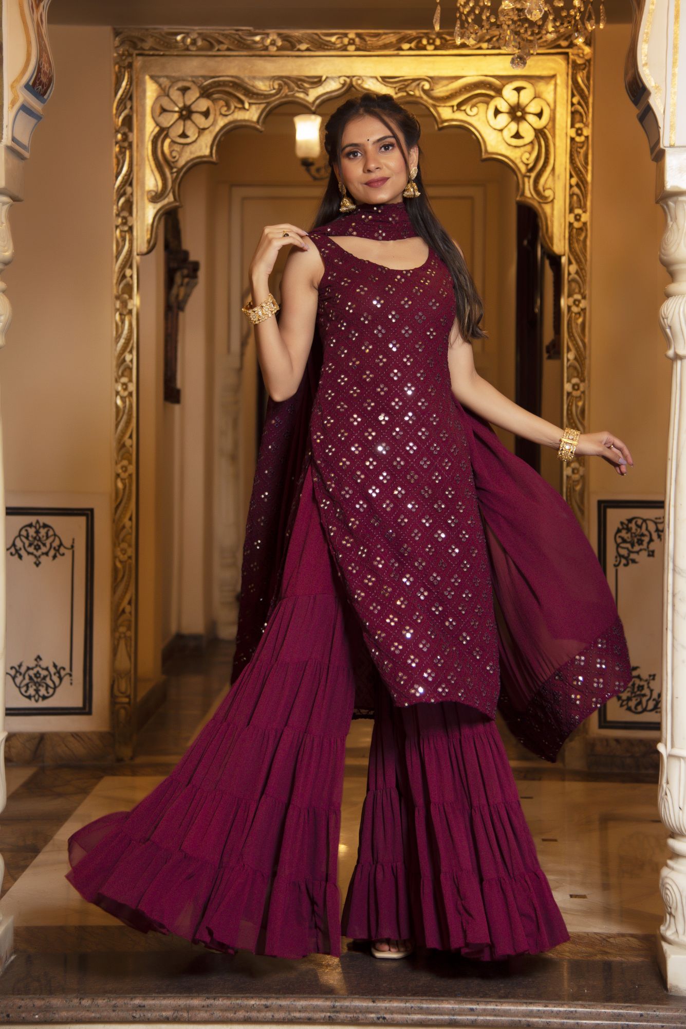 Wine Embroided Georgette Sharara Set