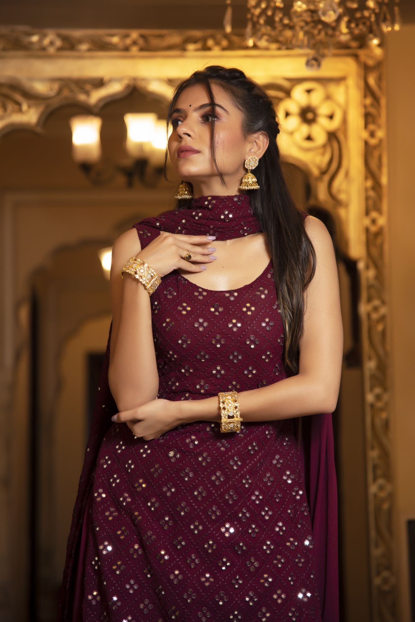 Wine Embroided Georgette Sharara Set