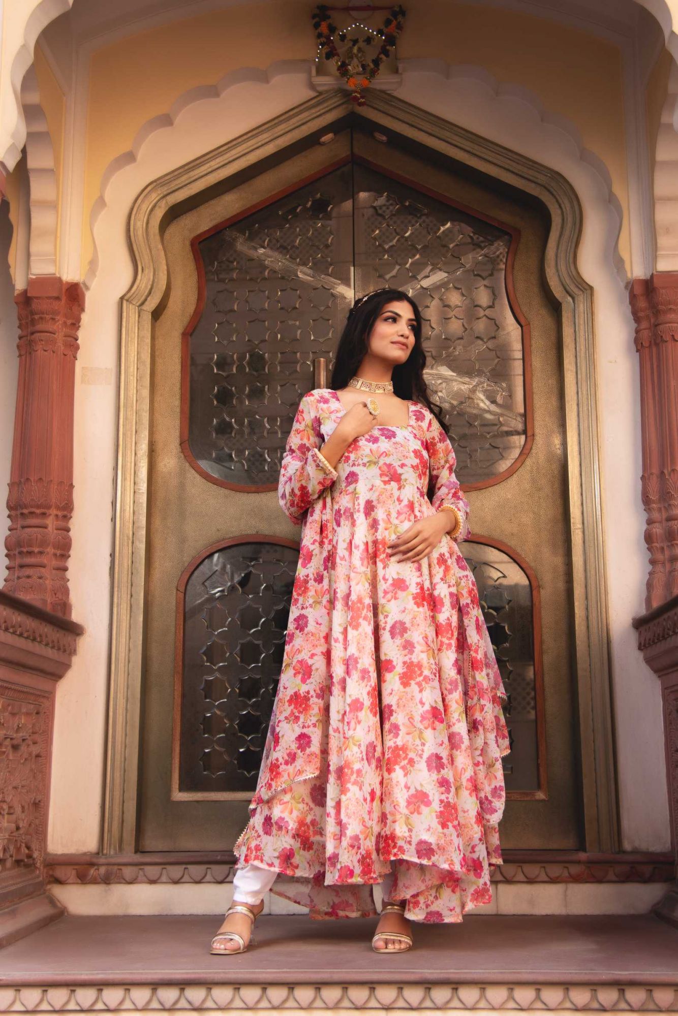 Summer White Printed Gotapatti Anarkali Suit Set