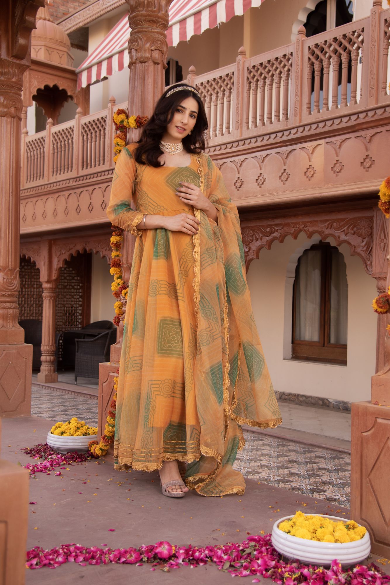 Yellow Bhandhej Organza Gotapatti Anarkali Suit Set