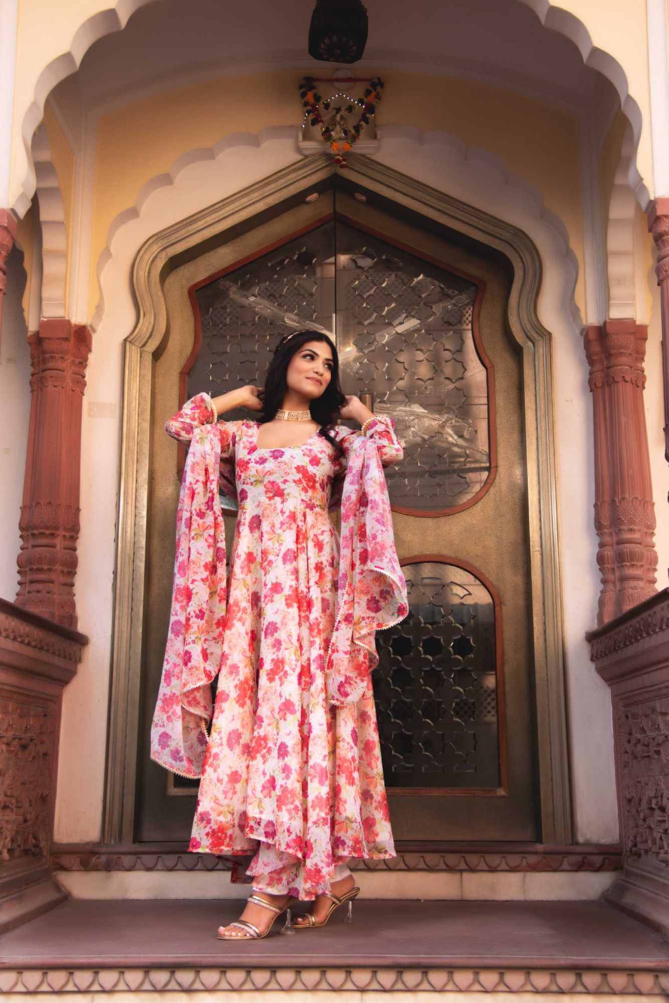 Summer White Printed Gotapatti Anarkali Suit Set