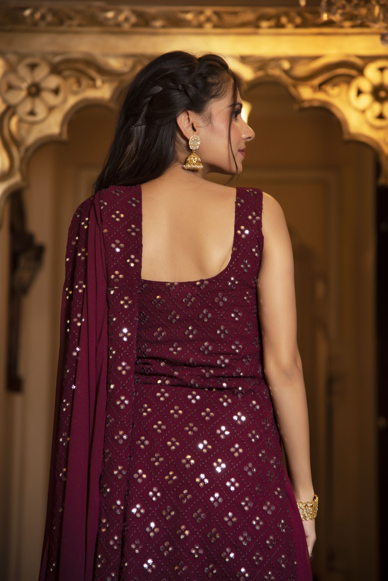 Wine Embroided Georgette Sharara Set