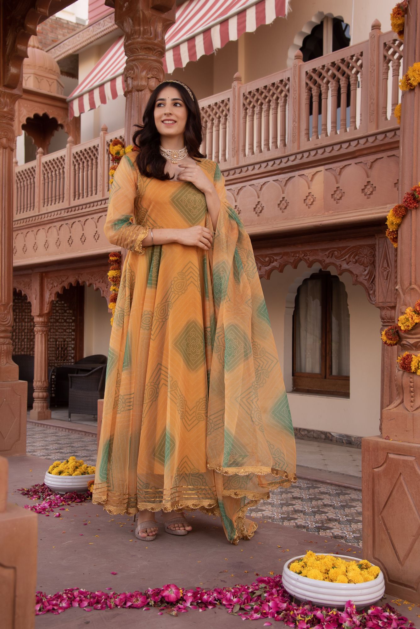 Yellow Bhandhej Organza Gotapatti Anarkali Suit Set