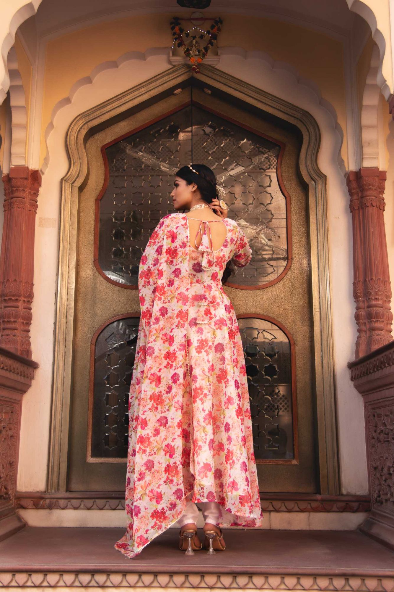 Summer White Printed Gotapatti Anarkali Suit Set