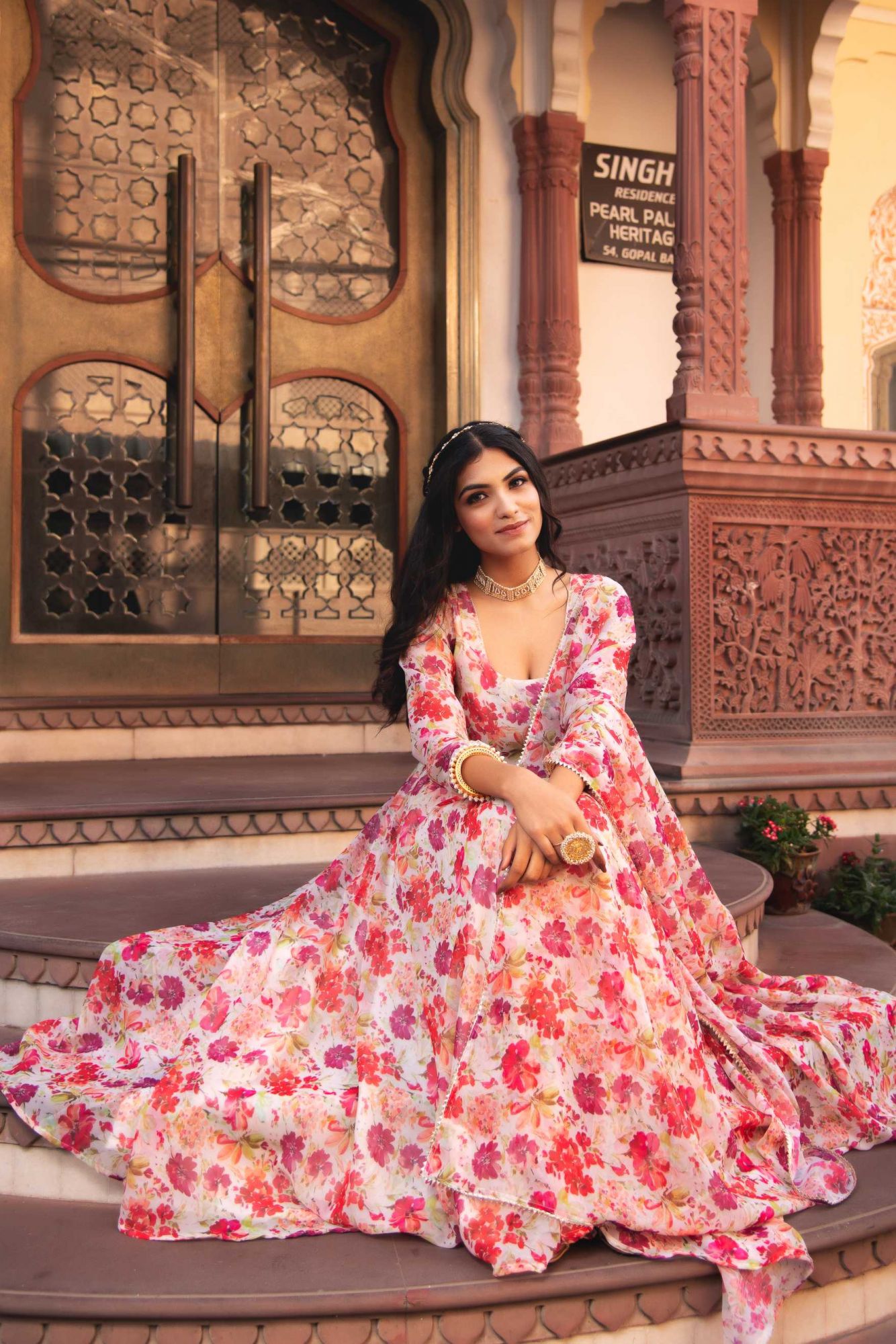 Summer White Printed Gotapatti Anarkali Suit Set