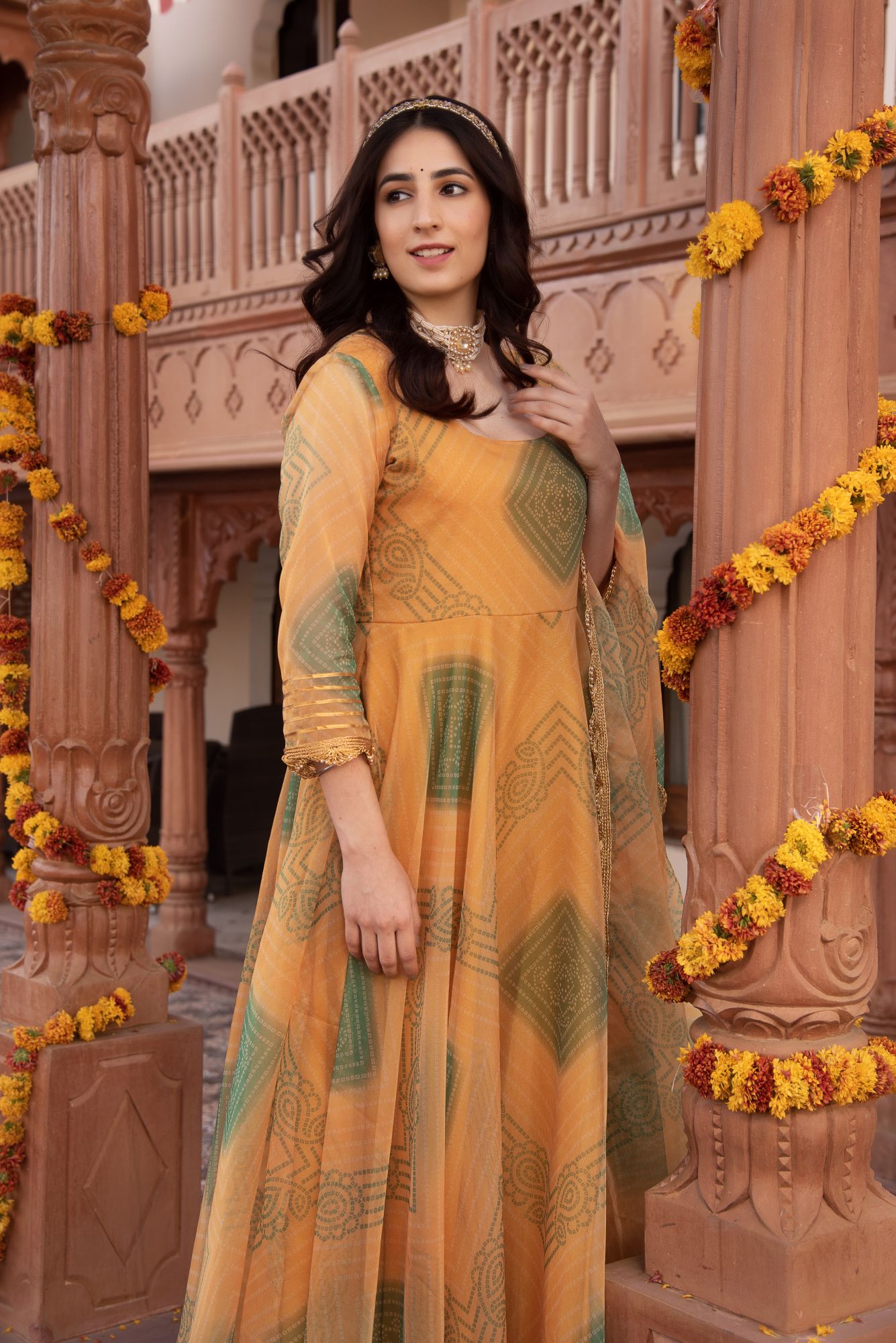 Yellow Bhandhej Organza Gotapatti Anarkali Suit Set