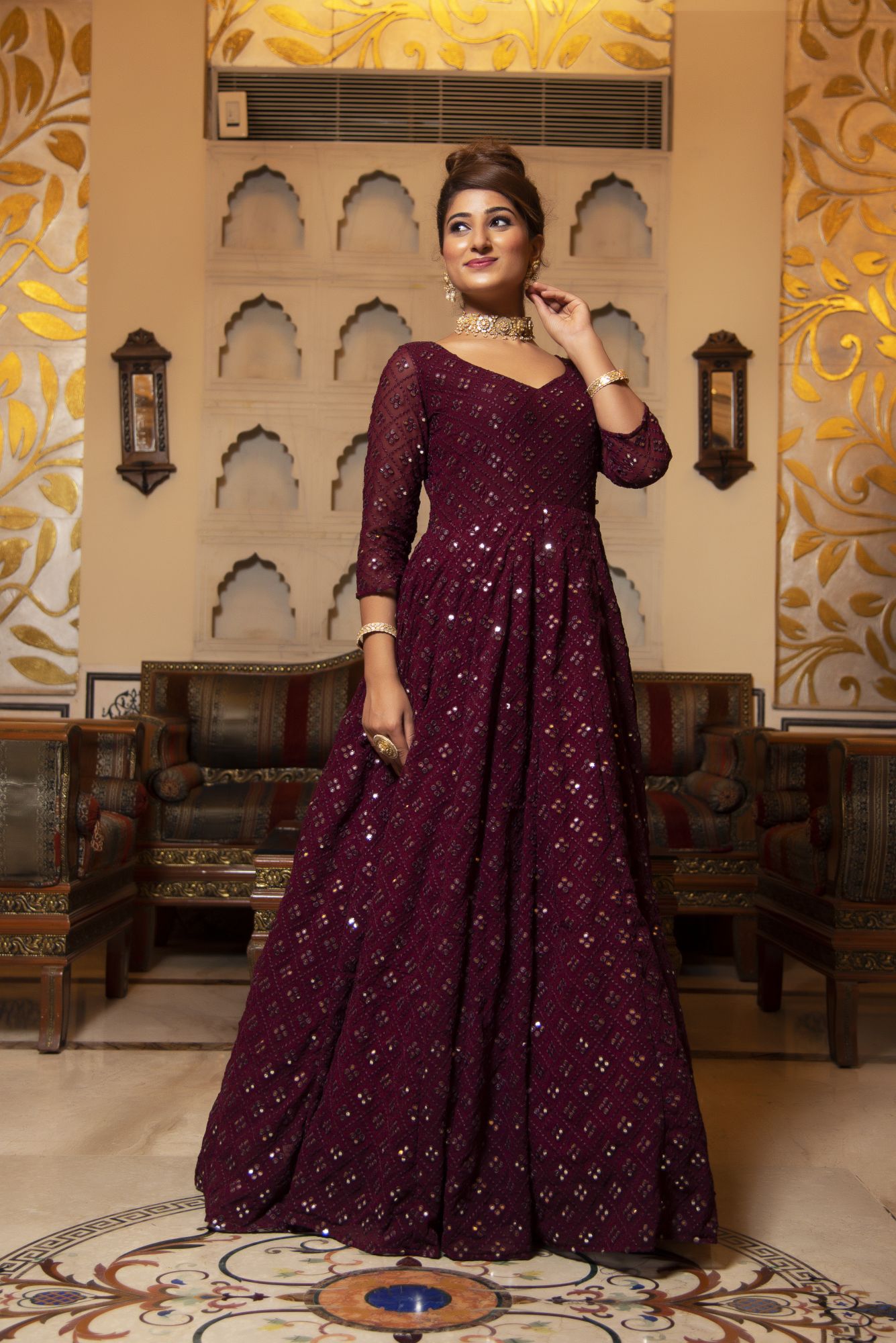 Wine Embroided Georgette Full Length Anarkali Gown Set