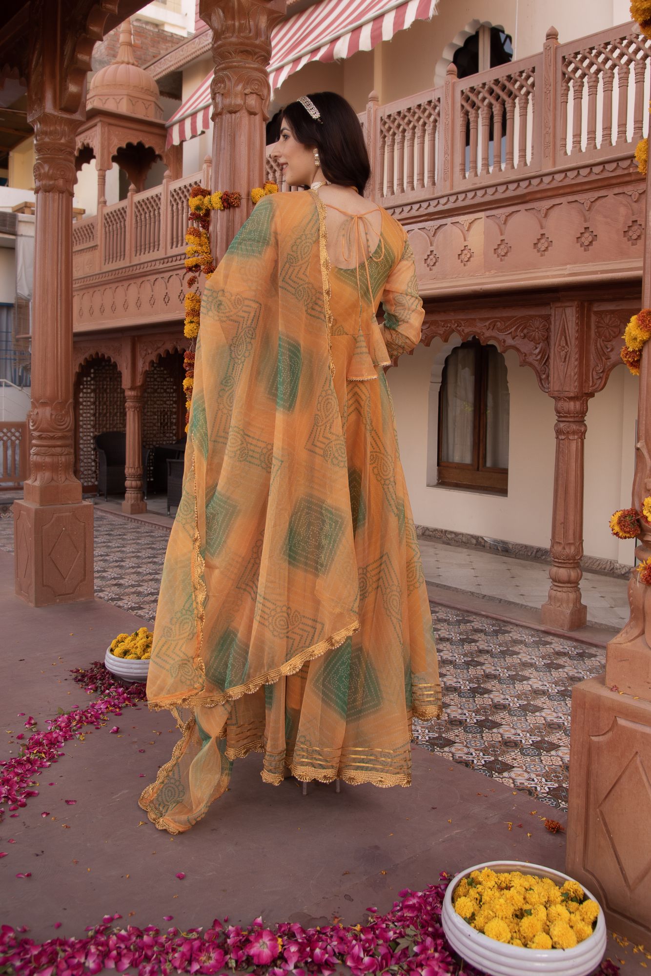 Yellow Bhandhej Organza Gotapatti Anarkali Suit Set