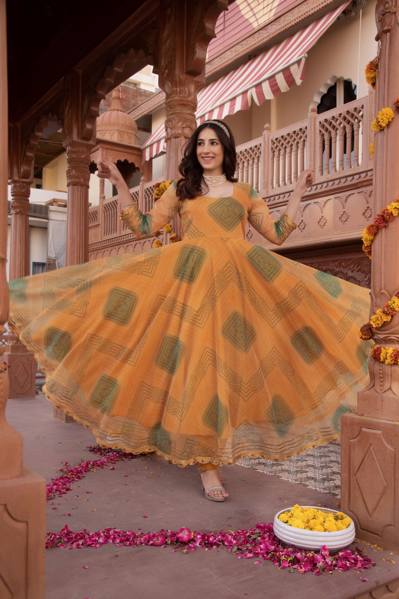 Yellow Bhandhej Organza Gotapatti Anarkali Suit Set
