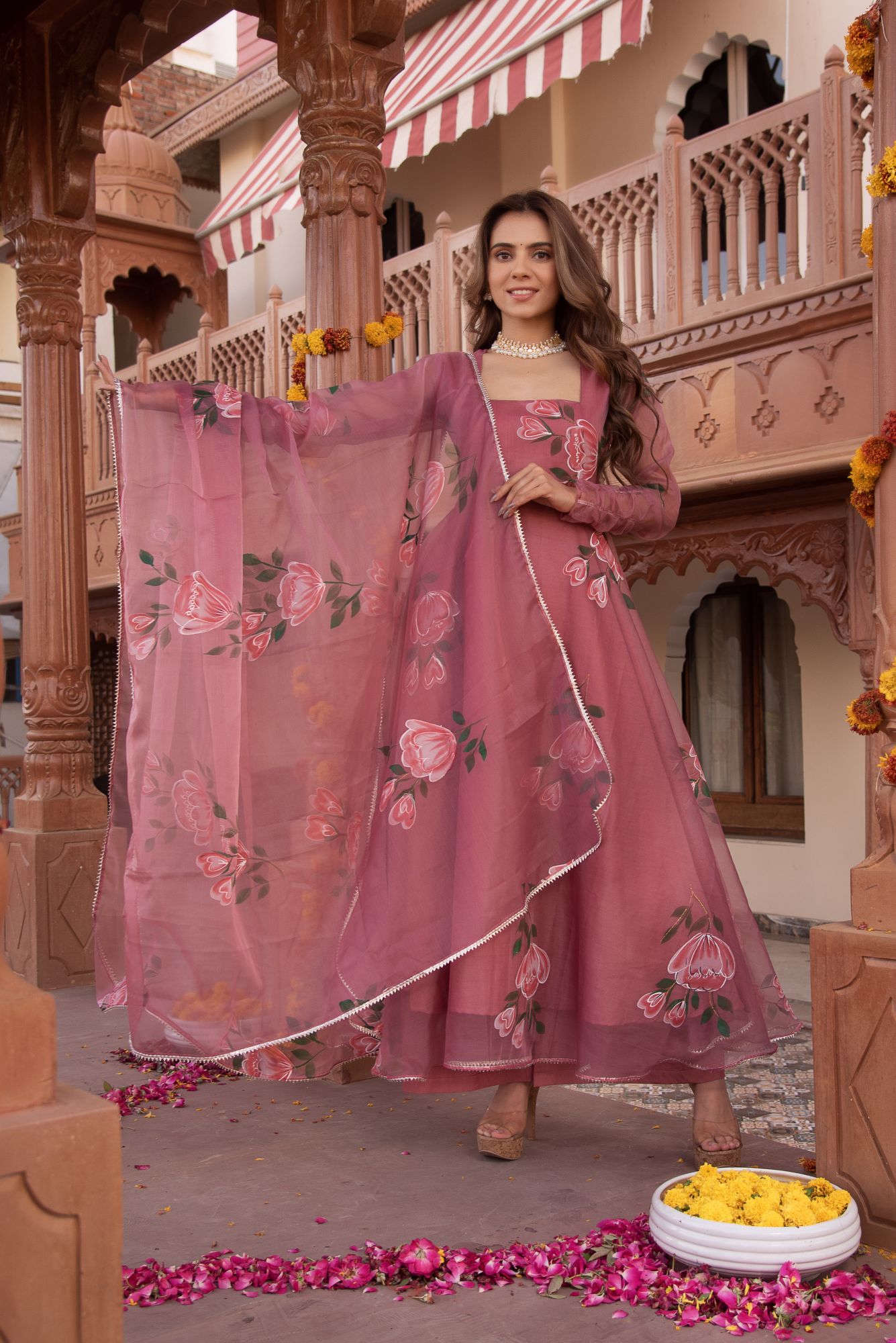Rosegold Handpainted Organza Gotapatti Anarkali Suit Set
