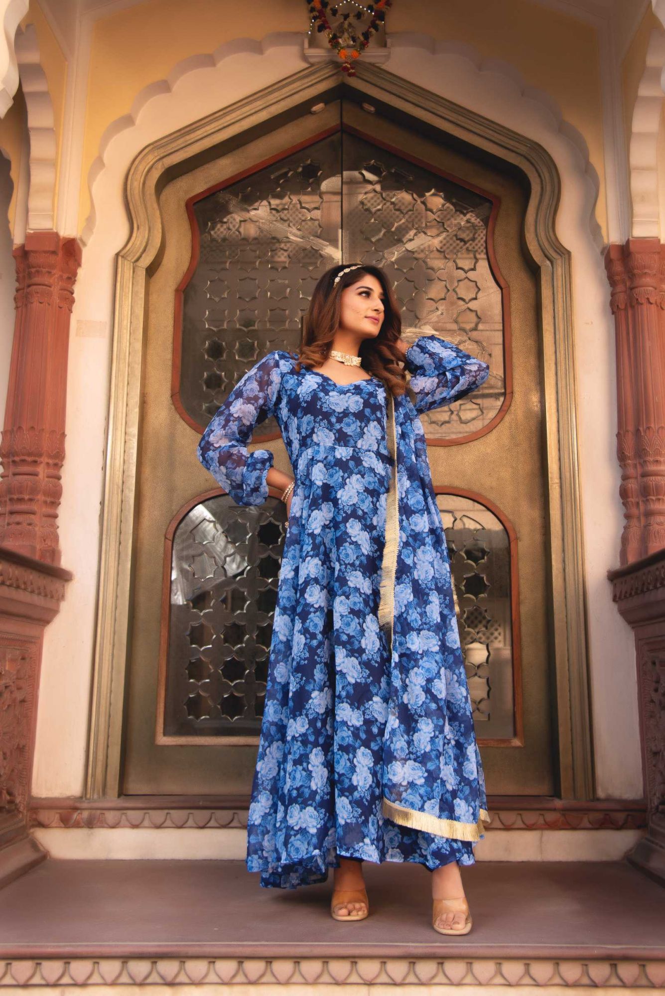 Ocean Blue And White Printed Gotapatti Anarkali Suit Set