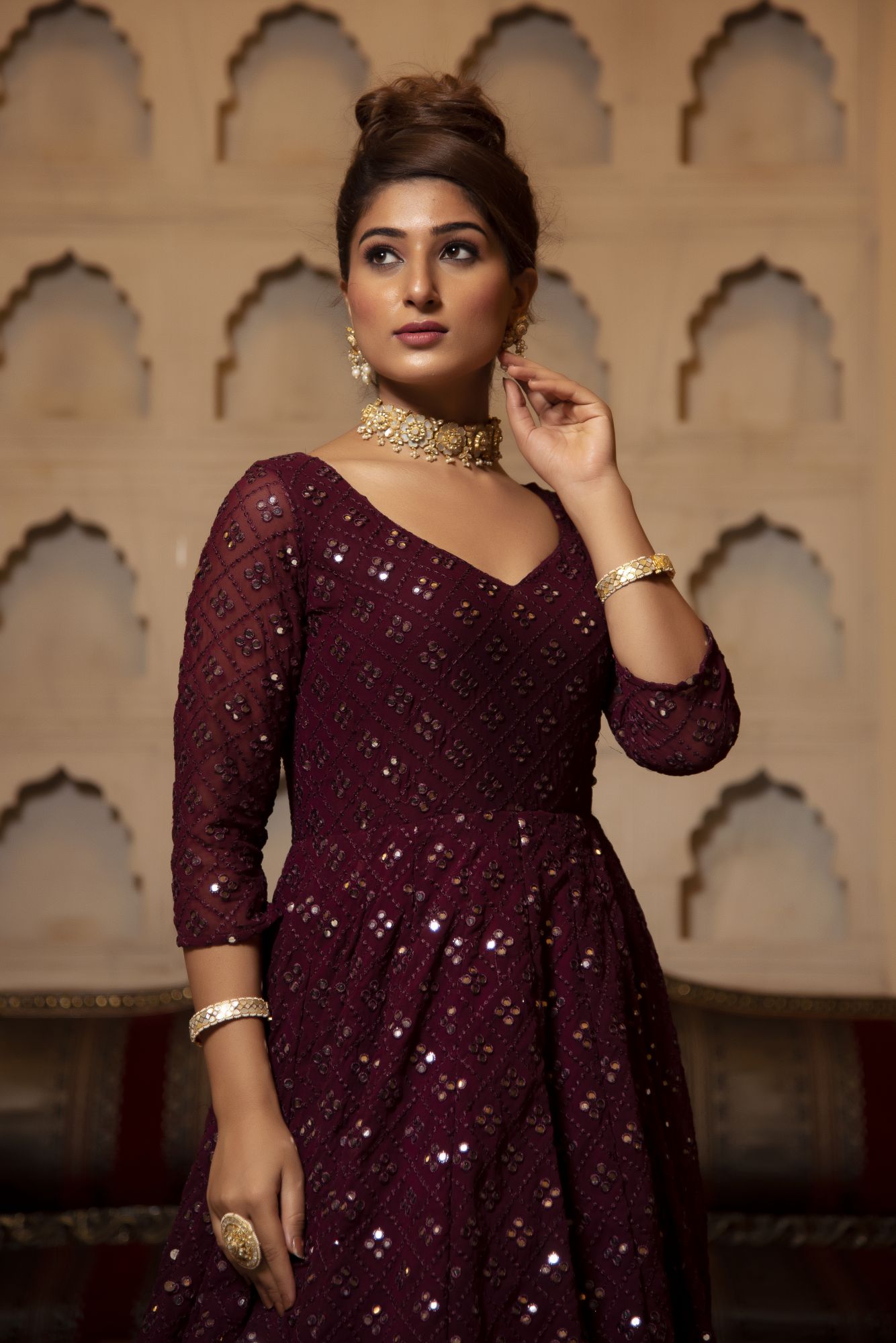 Wine Embroided Georgette Full Length Anarkali Gown Set