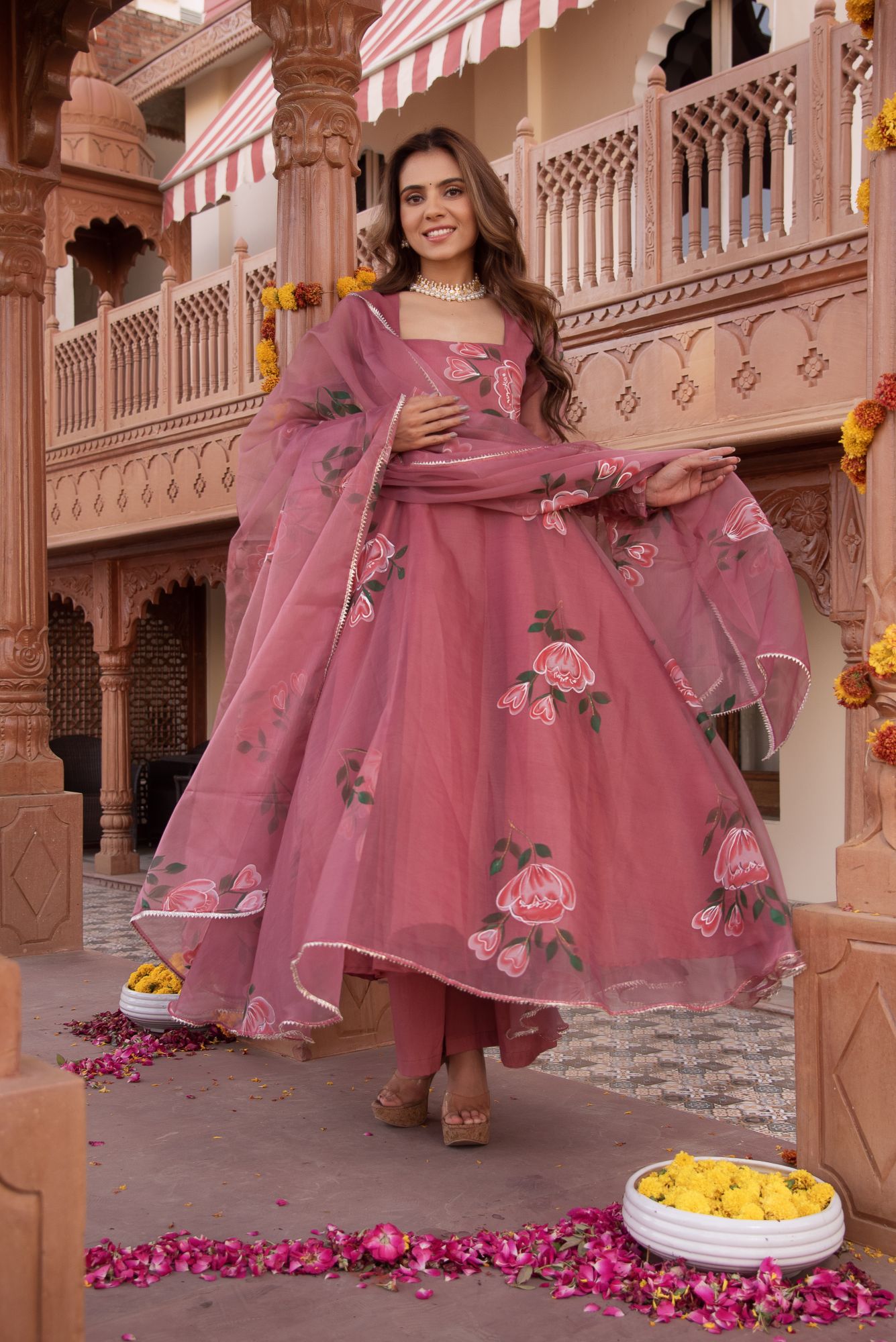 Rosegold Handpainted Organza Gotapatti Anarkali Suit Set