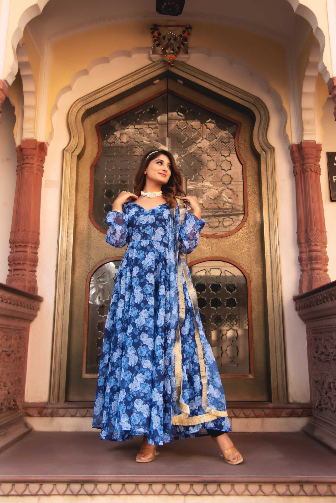 Ocean Blue And White Printed Gotapatti Anarkali Suit Set