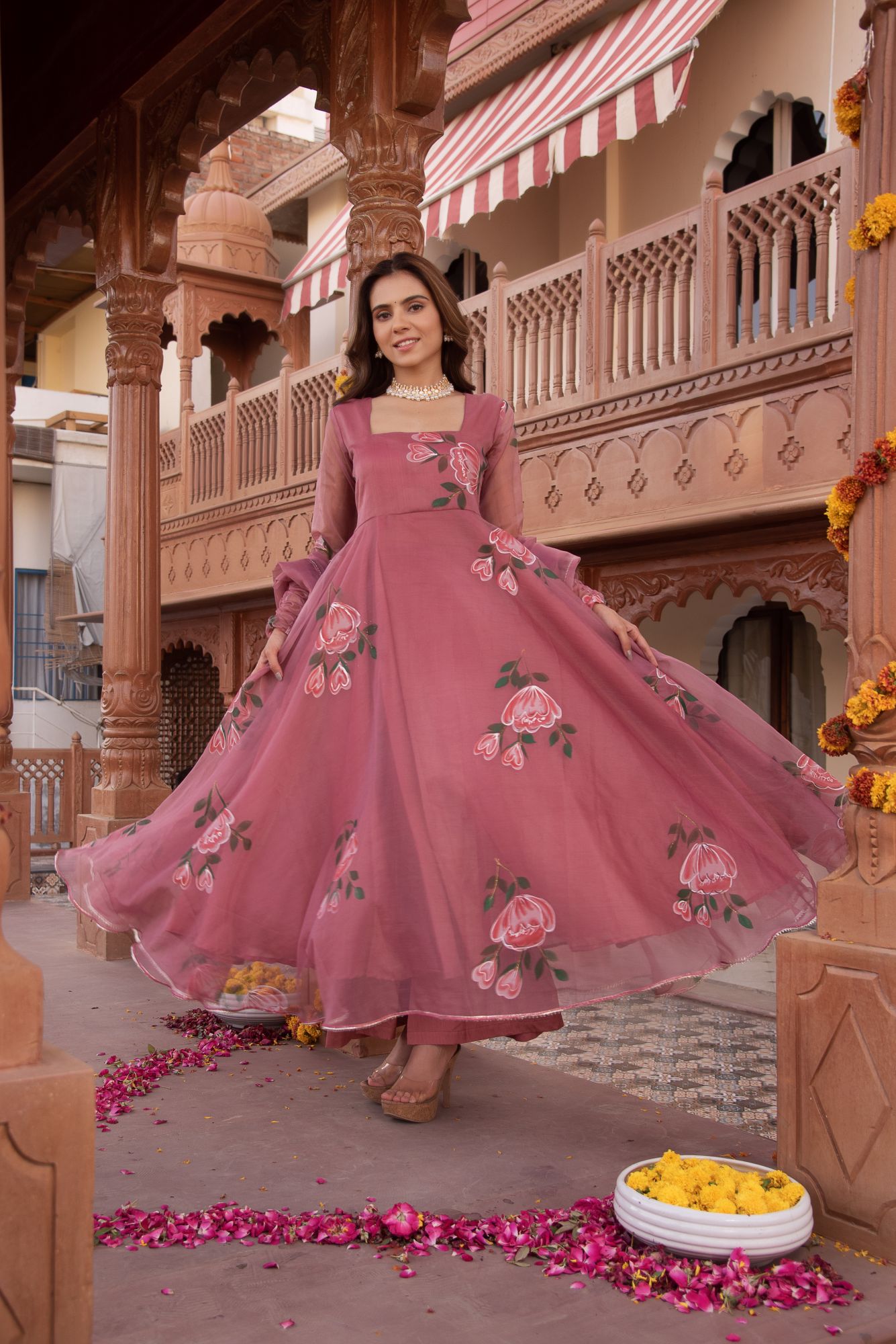 Rosegold Handpainted Organza Gotapatti Anarkali Suit Set
