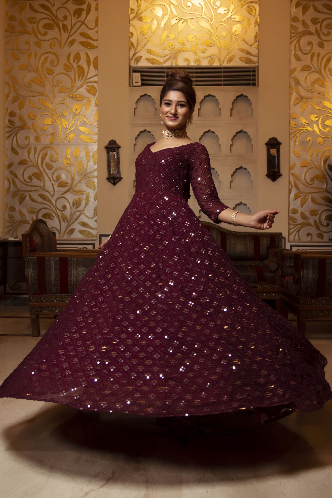 Wine Embroided Georgette Full Length Anarkali Gown Set