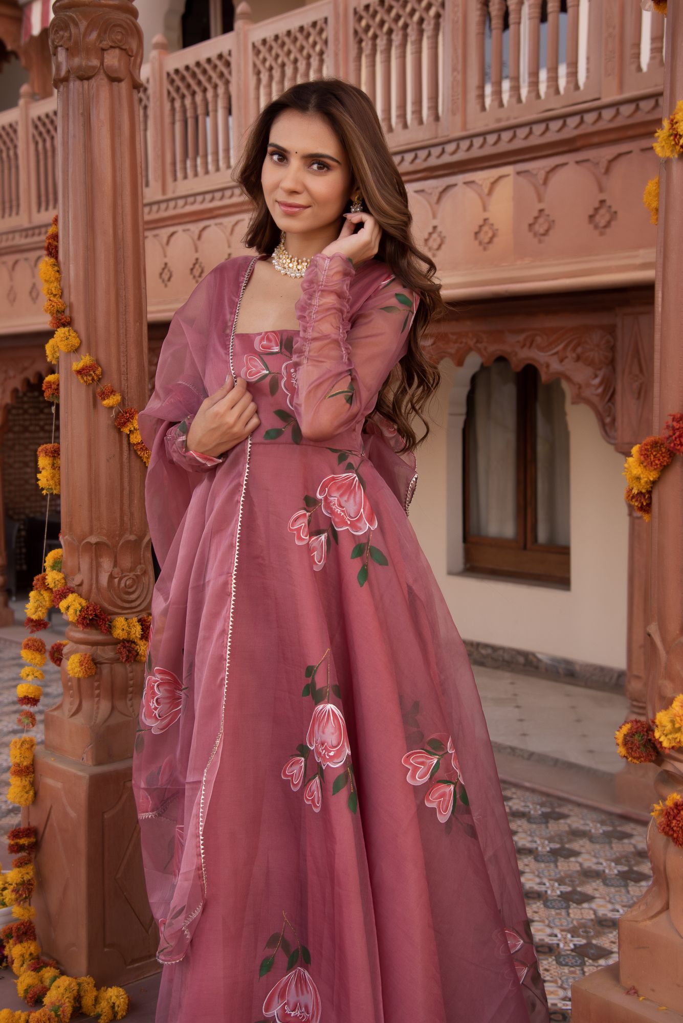 Rosegold Handpainted Organza Gotapatti Anarkali Suit Set