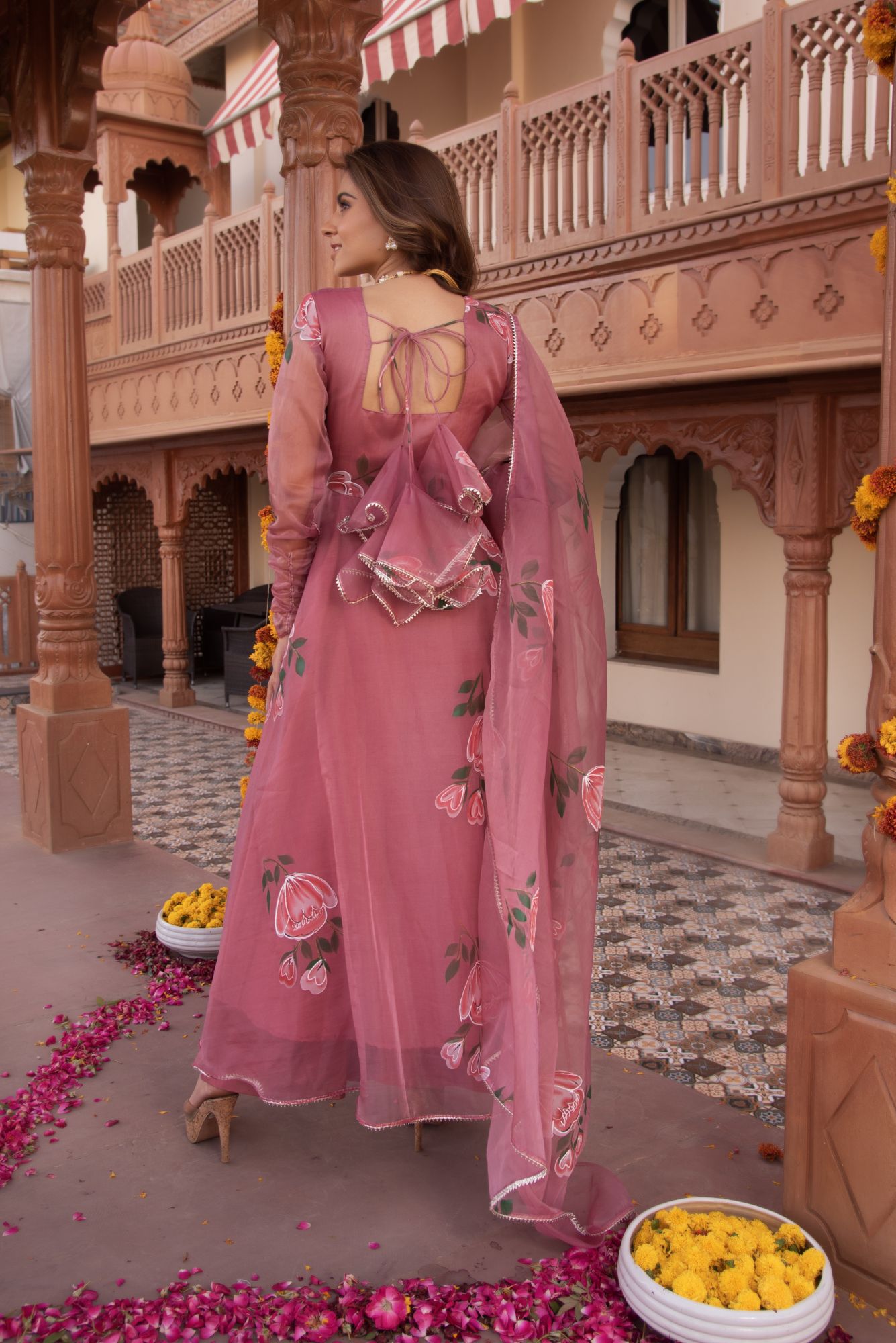Rosegold Handpainted Organza Gotapatti Anarkali Suit Set